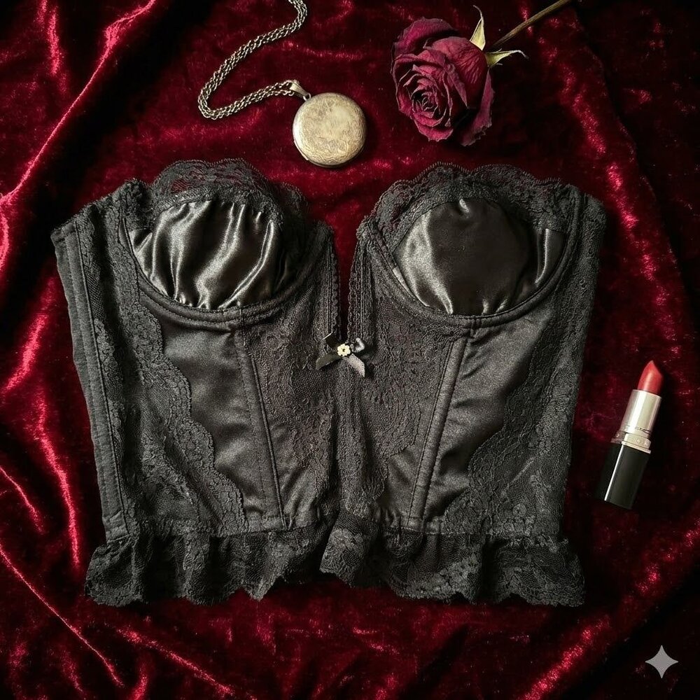 Vintage 80s Victoria's Secret Bustier Gold Crown Black Lace Coquette Goth 34
